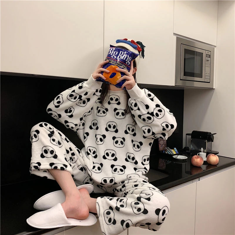 ❄️ Fleece Thick Warm Women’s Pajamas Set 🛌 Soft Winter Sleepwear | Cozy Solid Top & Plaid Pants Pijamas Home Suit ❤️