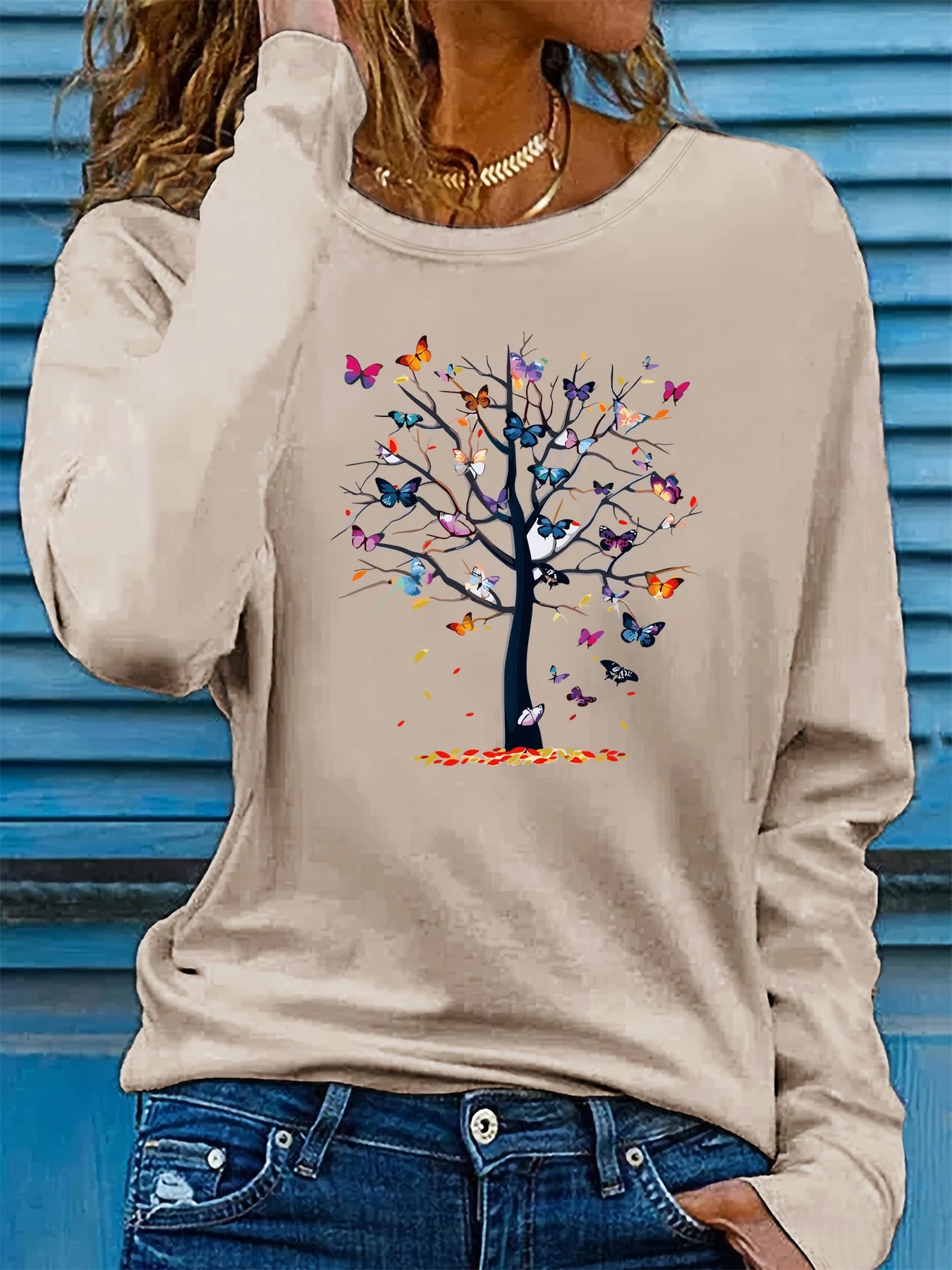 Women’s 100% Cotton Long Sleeve T-Shirt | Spring Autumn Loose Fit Round Neck | Butterfly & Tree Graphic Top
