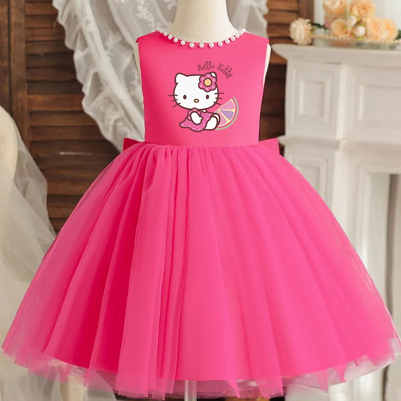 Hello Kitty Kids Pearls Elegant Princess Dress for Girls Backless Bow Baby 1st Birthday Baptism Tutu Gown Wedding Dress