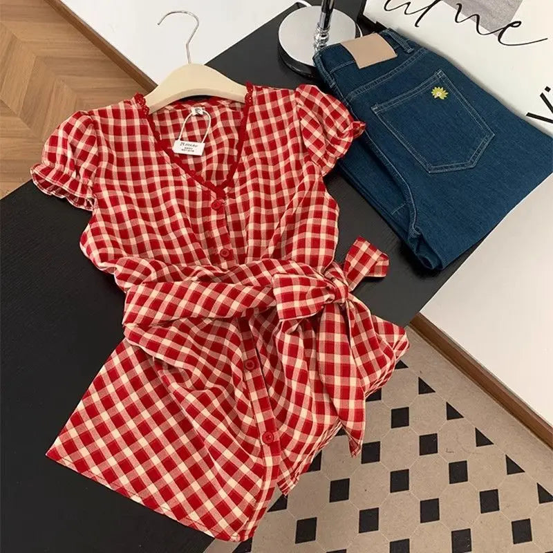 French Sweet Plaid Shirt 🌸 Women Summer Bow Tie Waist Cropped Top ✨