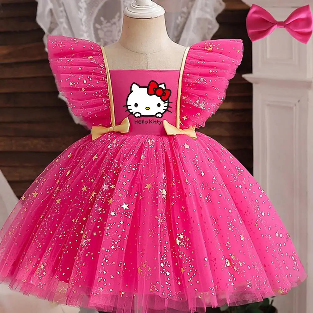 Hello Kitty Girl Party Dress Christmas Birthday School Holiday High Waist Tulle Dress Bow Wedding Gown Kids Wear Princess Dress