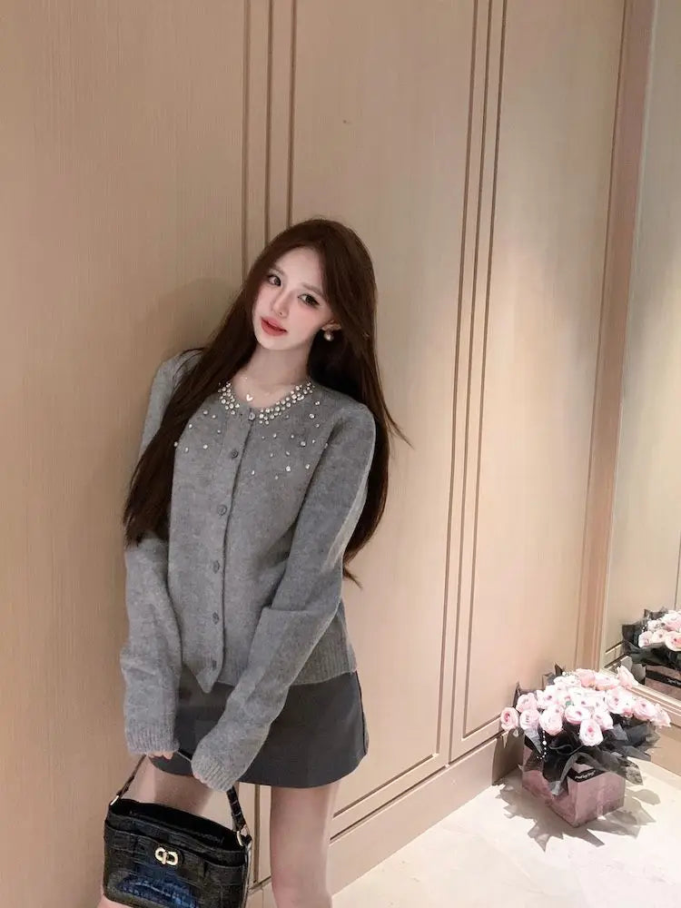 Heavy-Embroidered Diamond Women’s Sweater Cardigan – Soft Cozy Round Neck High-End Outerwear