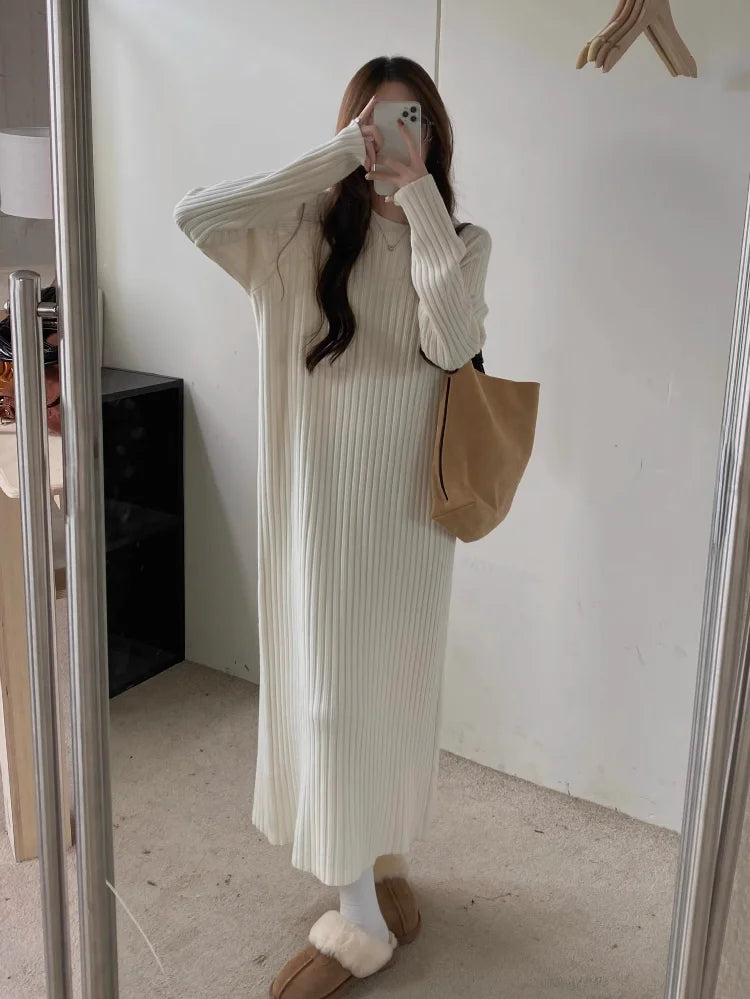 Plus Size Women’s Mid-Length Dress – Casual Round Neck Long Sleeve A-Line H-Line Skirt for Autumn Winter
