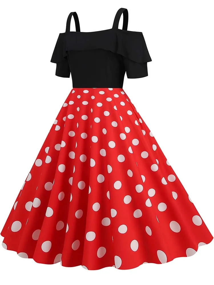 Off-Shoulder Elegant Vintage Party Dress – Women’s Summer Polka Dot Ruffles A-Line Midi Dress