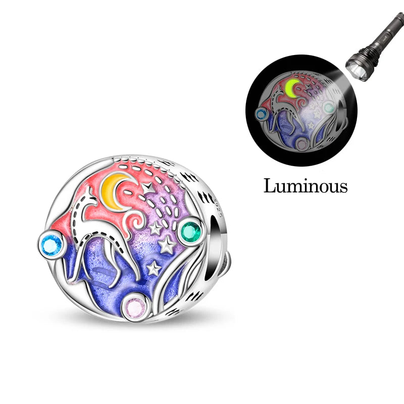 Original 925 Sterling Silver Luminous Lantern & Magic Cat Charm Bead | Glowing Angel Jungle Pendant for Bracelet Jewelry
