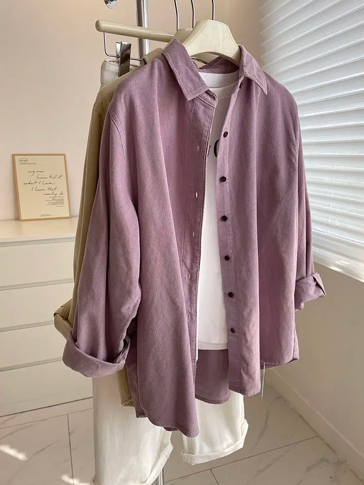 2025 Women’s Corduroy Purple Lotus Shirt | Loose Long Sleeve Casual Outerwear Top for Autumn