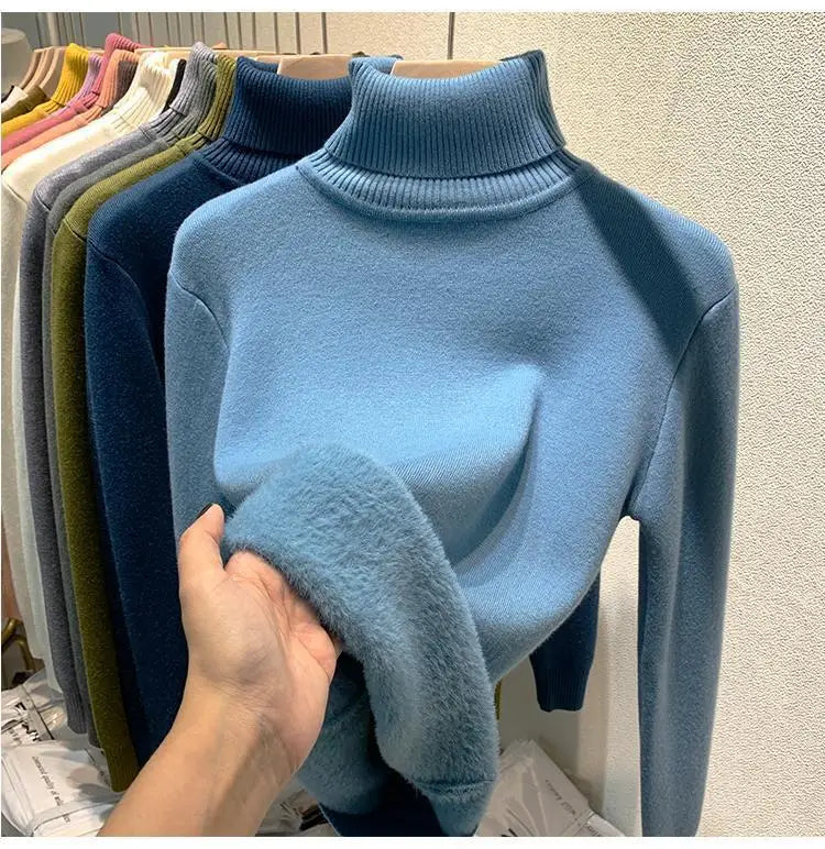 2025 Women’s High Collar Pullover Sweater – Thick Warm Soft Winter Top | Solid Color Bottoming Shirt