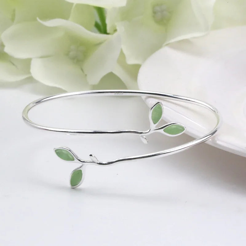 925 Sterling Silver Green Leaf Bracelet | Elegant Nature-Inspired Bangle for Women Girls Fashion Jewelry Gift