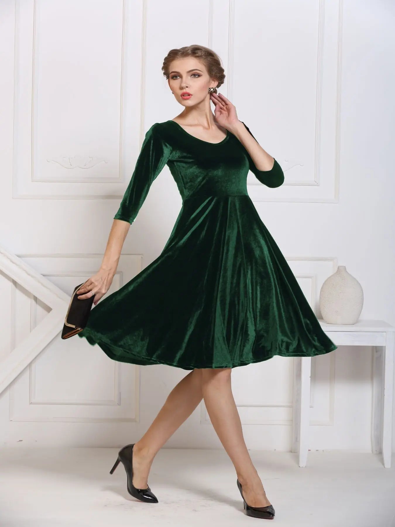 2025 Autumn Winter Navy Velvet Midi Dress – Three-Quarter Sleeve Elegant Evening & Bridesmaid Dress