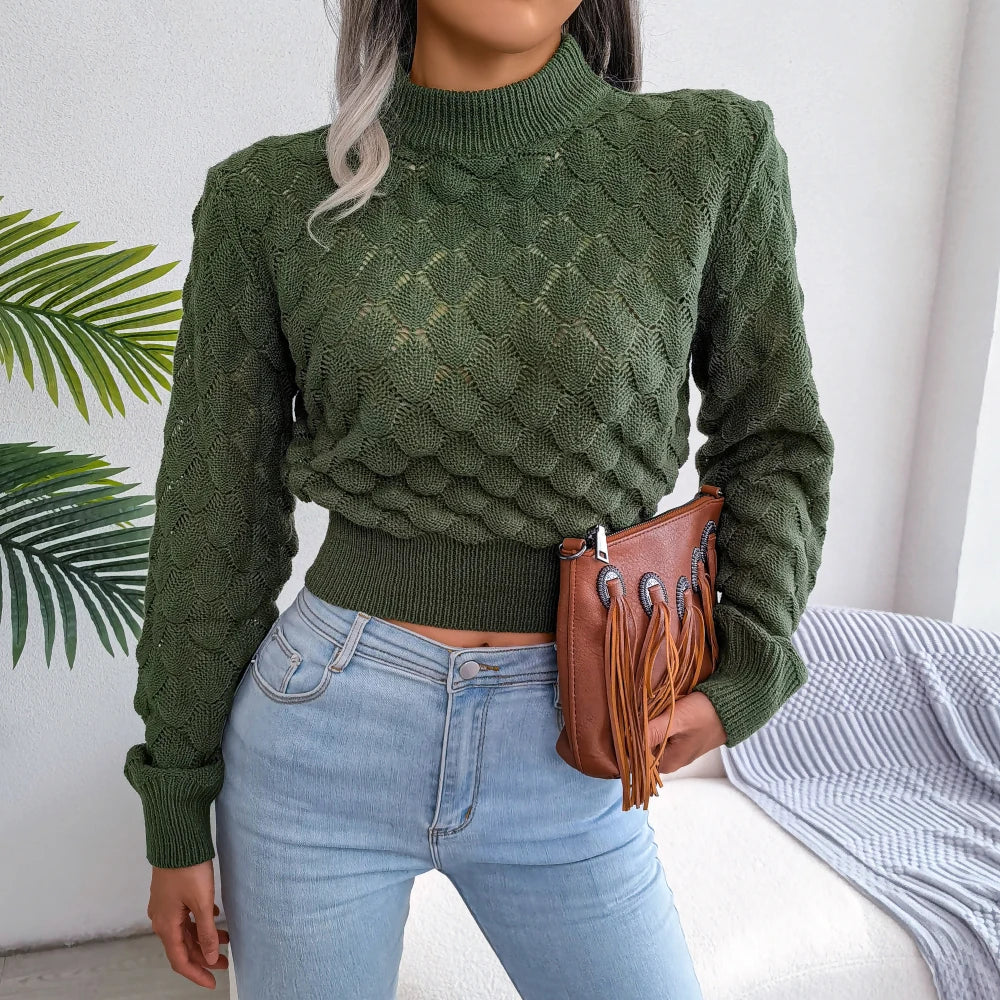 2025 Autumn Winter Women Hollow Out Knitted Crop Sweater – Casual Long Sleeve Pullover Top