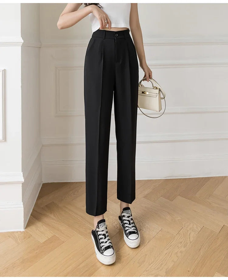 Women’s High Waist Suit Pants | Summer Black Harem Business Pants | Korean Style Pocket Thin Nine-Point Trousers