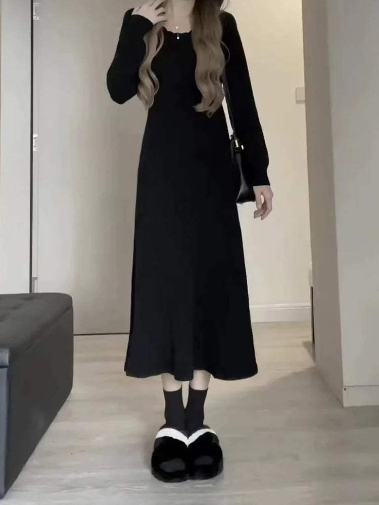 Women’s Long Knitted Sweater Dress – 2025 Autumn New Fashion A-Line Skirt, High Waist, Long Sleeve Casual Daily Wear