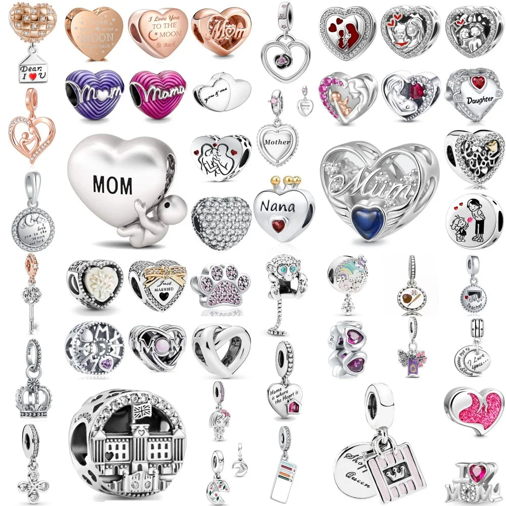 925 Sterling Silver Monkey, Dog Paw & Heart Mom Charm | Fits Original European Bracelet DIY Jewelry Gift