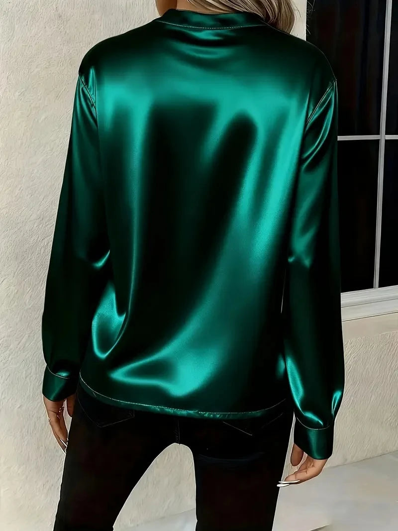 Elegant Long Sleeve V-Neck Silk-Like Top for Women – Office & Evening Wear Blouse
