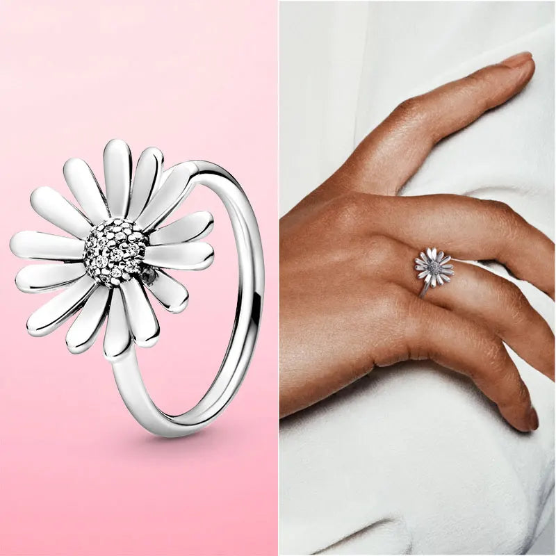 925 Silver Stackable Infinite Heart Daisy Flower Ring for Women | Sterling Silver Brand Jewelry Gift
