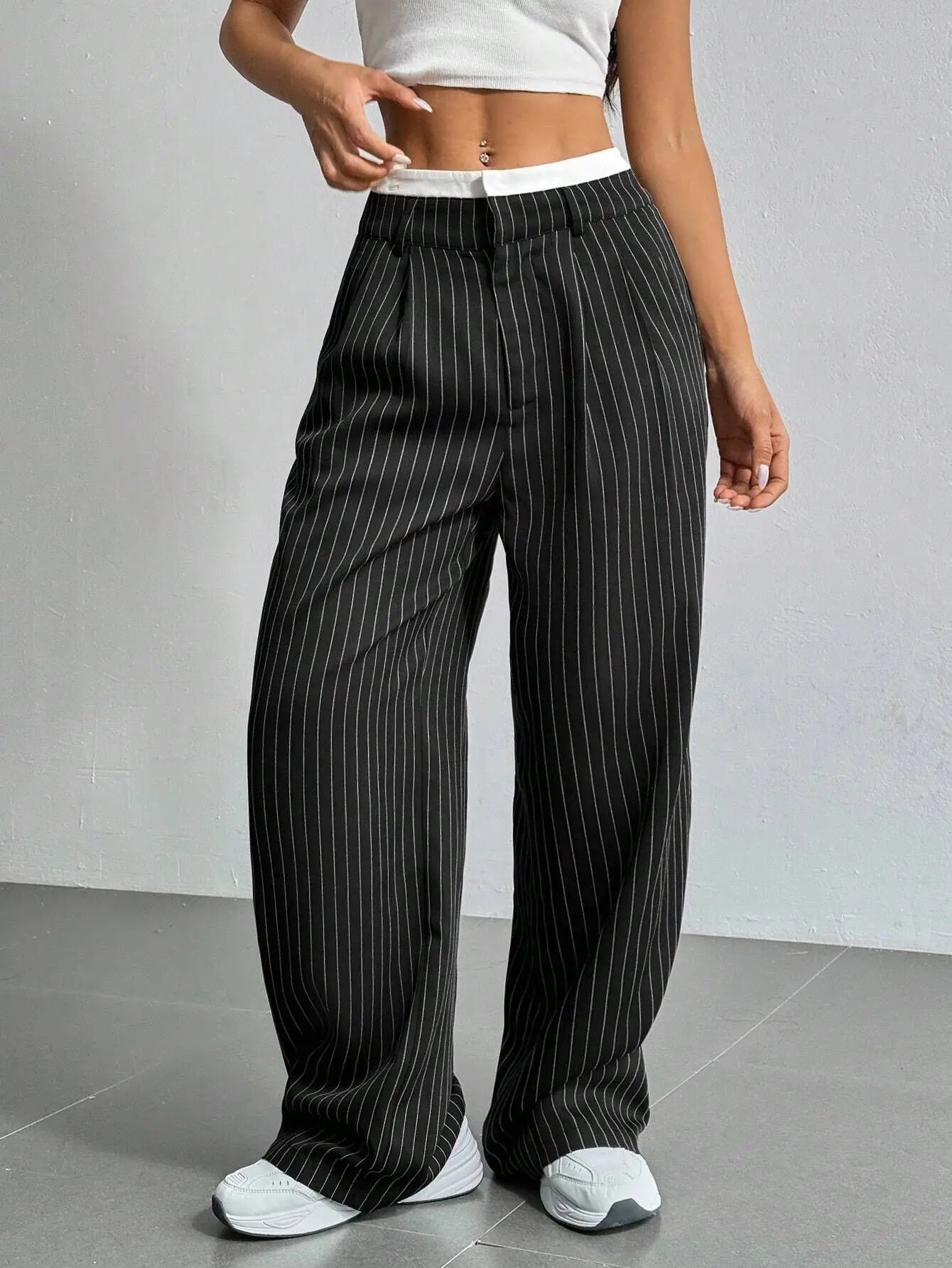 Women’s High Waist Straight Leg Pinstripe Trousers | Office & Casual Striped Dress Pants with Pockets