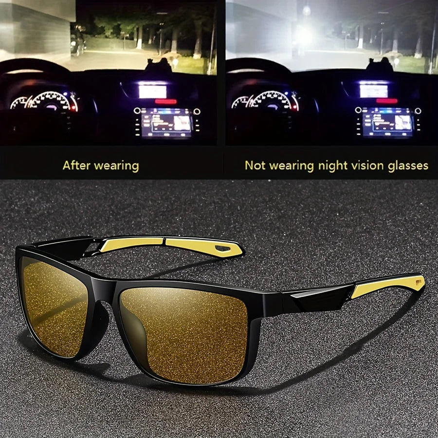 Square Yellow Night Vision Anti-Glare Goggles – Men & Women Driving, Fishing, Beach Sunglasses | UV Protection Polycarbonate Glasses