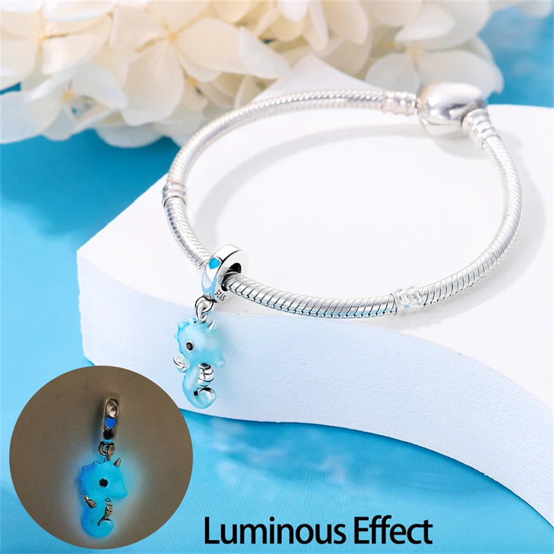 925 Sterling Silver Blue Zircon Ocean Shell Beaded Pendant | Fit Original 3mm Bracelet Women’s Fine Jewelry