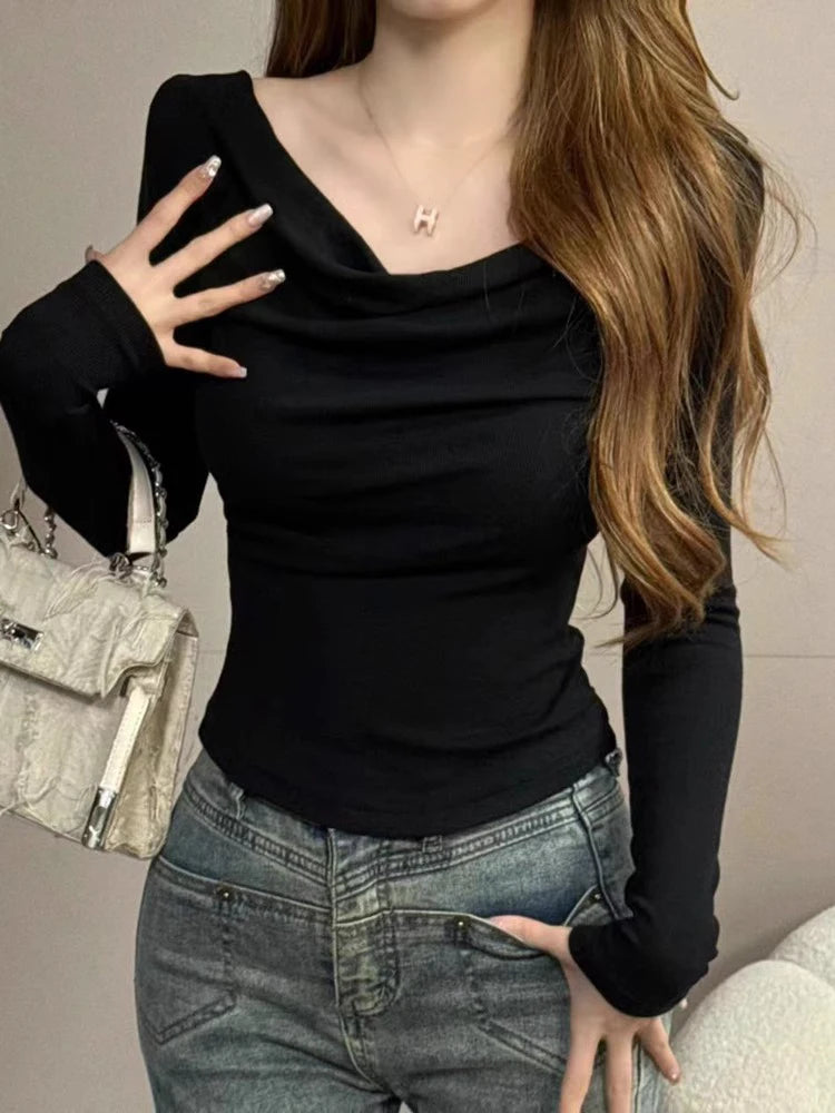 Spicy Girl One-Shoulder Long Sleeve T-Shirt for Women – Slim Fit Knitted Cotton Inner & Outer Wear Top | INS Youth Commute Style