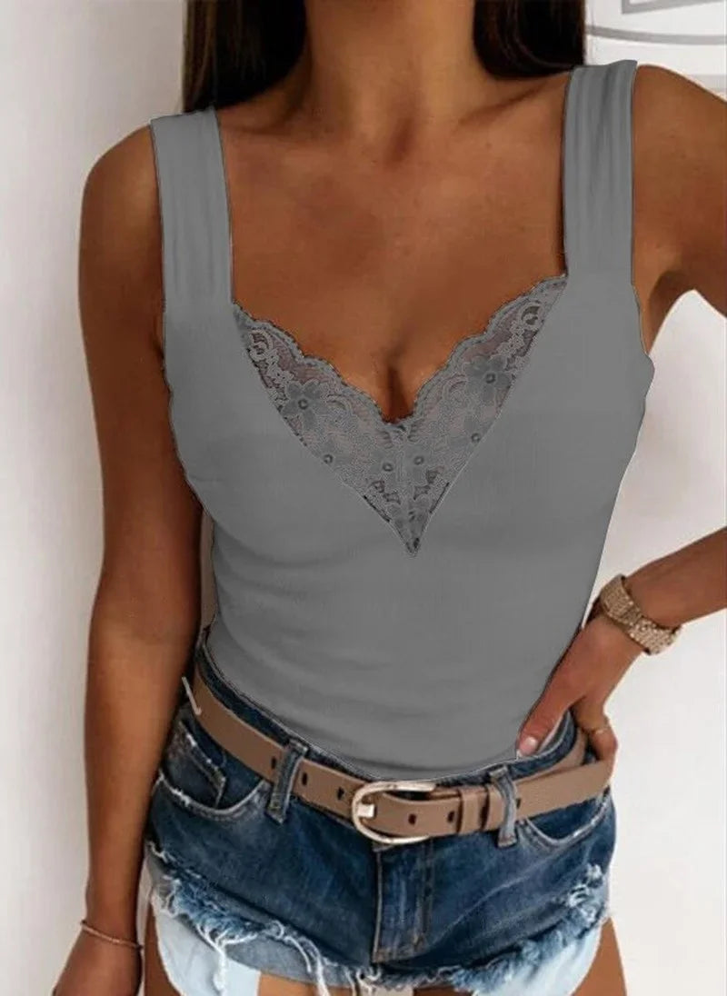 Women’s Summer V-Neck Tank Top | Casual Solid Color Lace Sleeveless Slim Shirt | Sexy Slim Fit Top