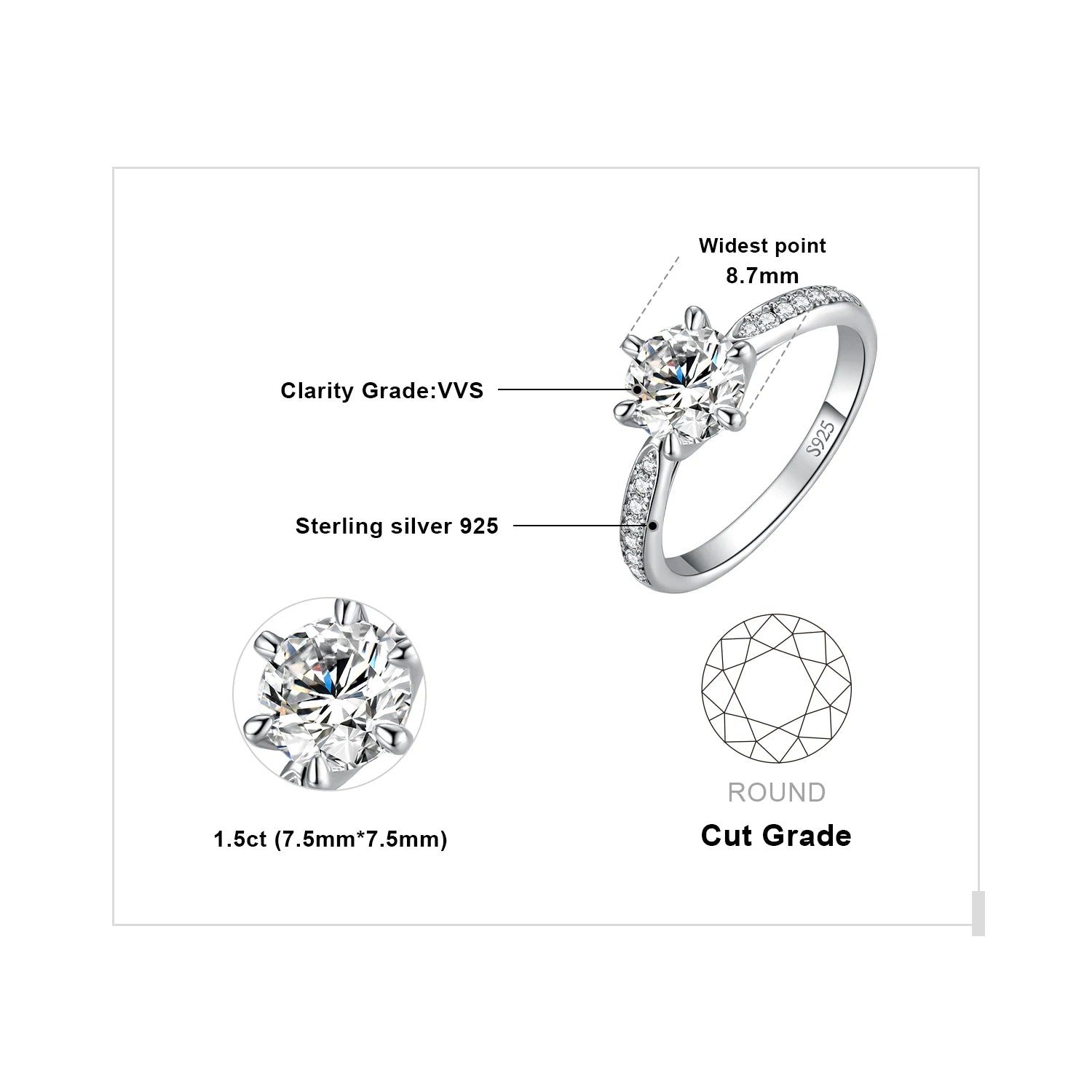 JewelryPalace Moissanite D Color Round Ring | 1–3ct S925 Sterling Silver Wedding & Engagement Ring