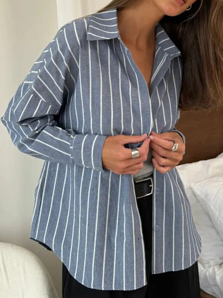 2025 Women’s Summer Striped Long Sleeve Shirt – Lazy Casual Breathable Cardigan Top