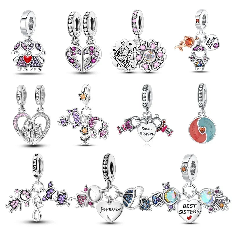 S925 Silver Forever Love Family Sister Heart Charm – Fit Original Bracelet DIY Jewelry Gift for Women & Friends
