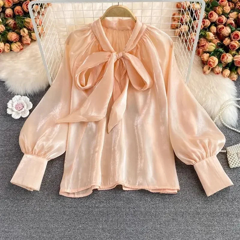 Spring Autumn Korean Harajuku Women’s Top – Bowknot Lantern Sleeve Loose Solid Shirt 🌸👚✨
