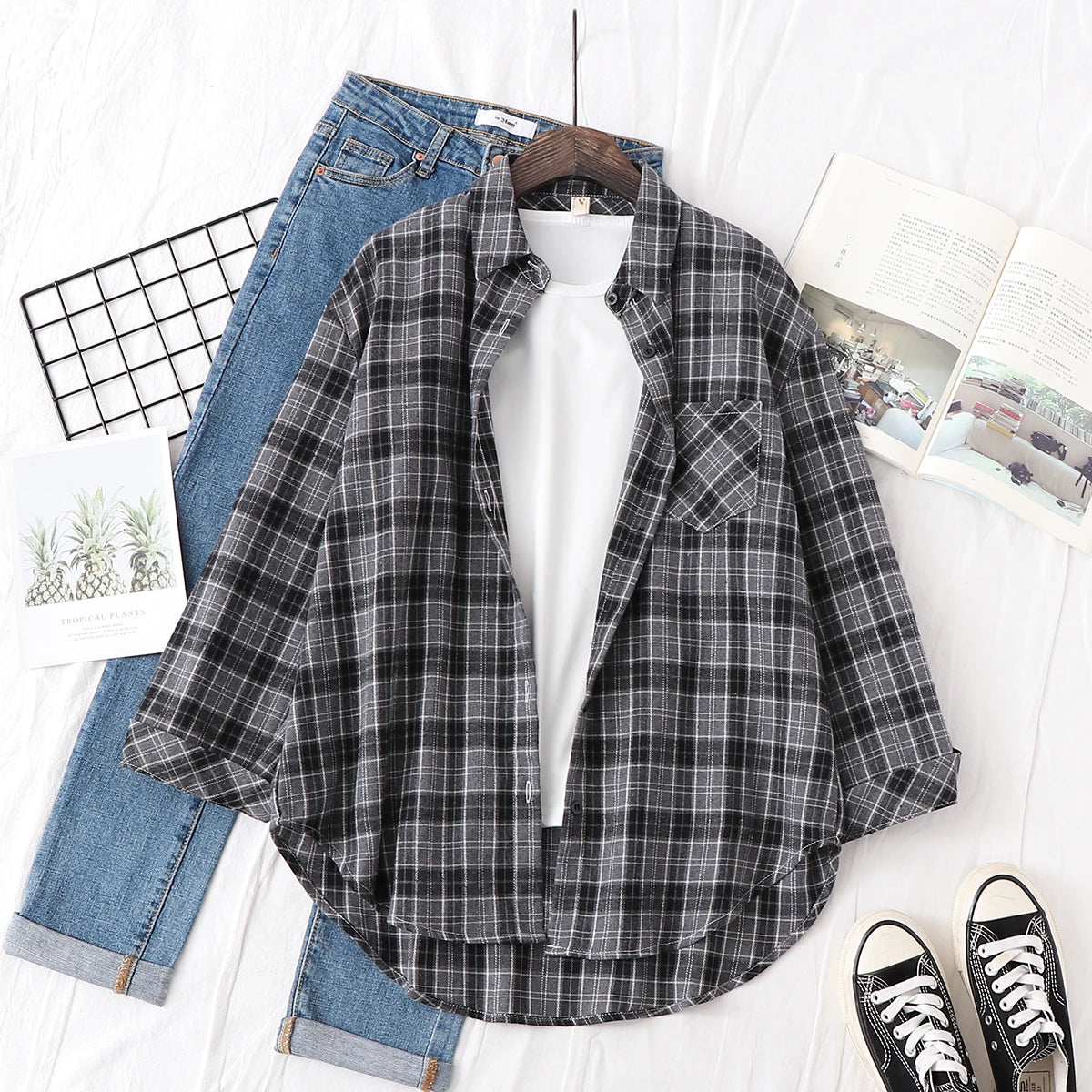Women’s Plaid Shirt | Spring Autumn Long Sleeve Blouse | Casual Cotton Checkered Top