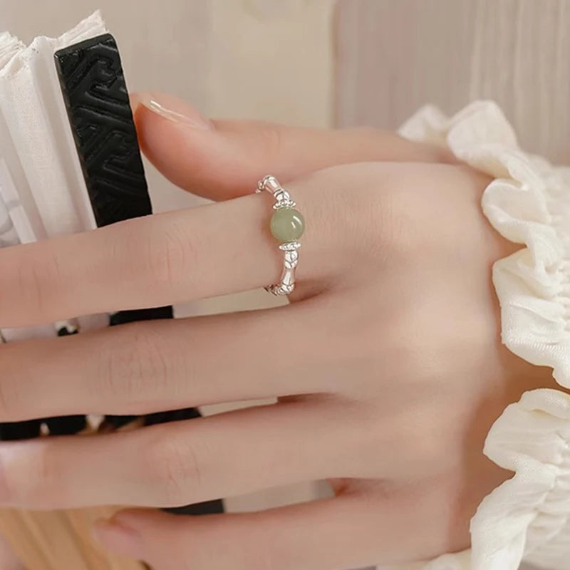 PANJBJ 925 Sterling Silver Hotan Jade Geometric Adjustable Ring | Retro Delicate Jewelry Gift for Women