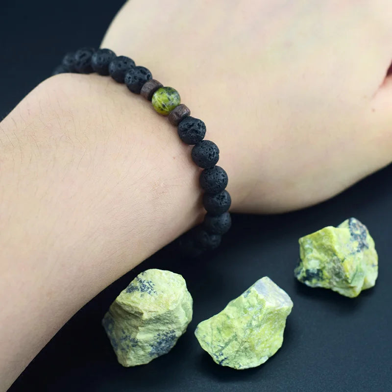 Yellow Grass Turquoise & Lava Stone Beads Bracelet | Natural Wooden Elastic Bracelet for Women Friendship Gift