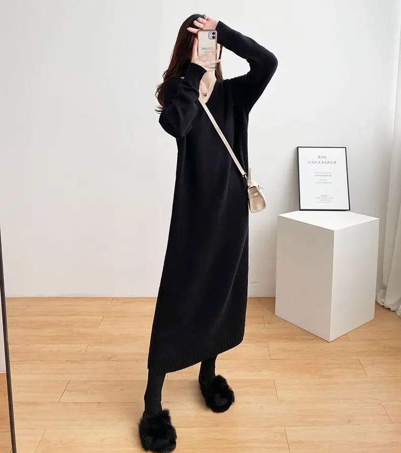 Ladies’ Knitted V-Neck Dress – Loose Fit Base Layer Skirt, Casual Straight Tube Korean Style Autumn Winter Dress