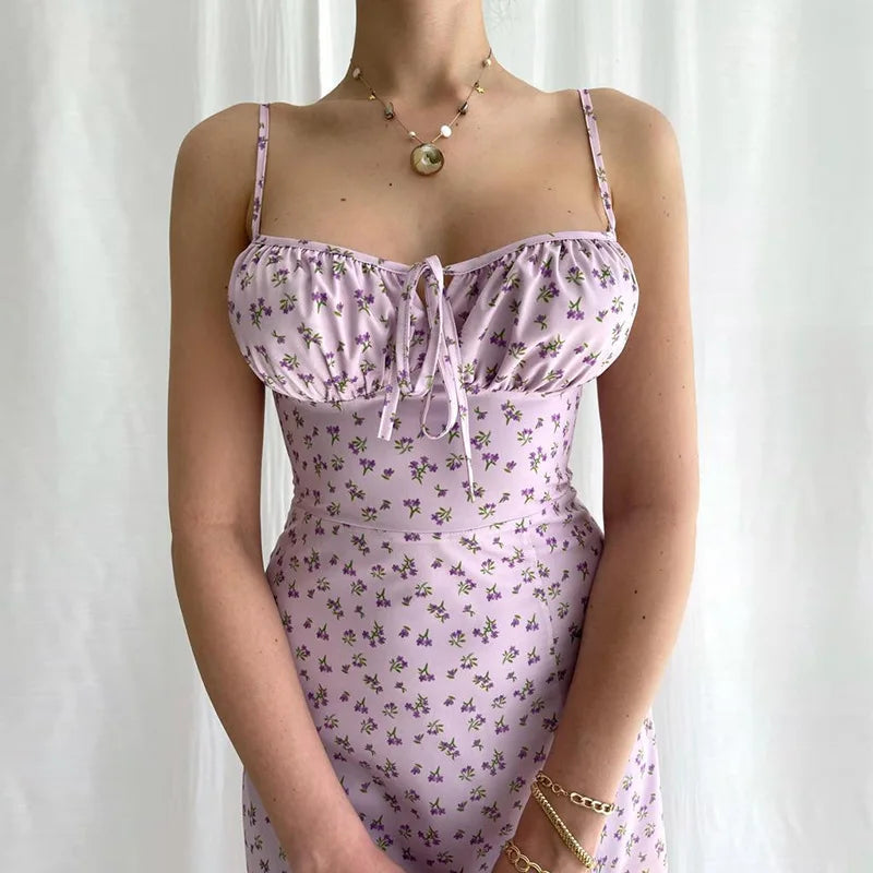 Women’s Bandage Pleated Floral Dress – Summer Elegant Party Sleeveless Backless Spaghetti Strap Aesthetic Dress