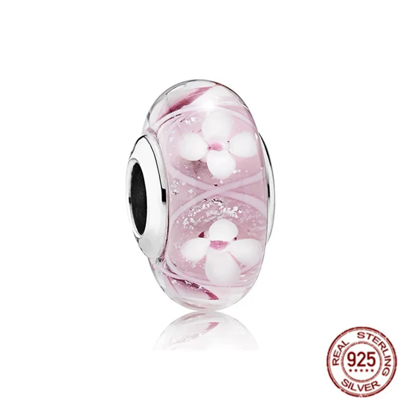 Romantic Pink Flowers 925 Sterling Silver Charms | Bag Lipstick Heart Bow Rose Bead Fit Original Bracelet DIY Jewelry Gift
