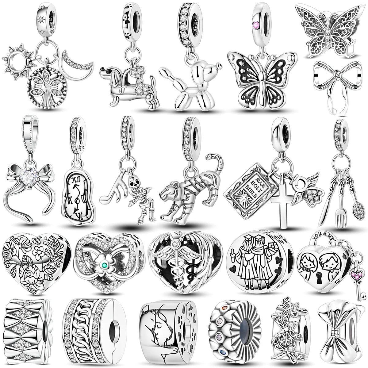 925 Sterling Silver Star, Moon & Heart Safety Chain | CZ Beads Angel Wing Charm for Original Bracelet DIY Jewelry