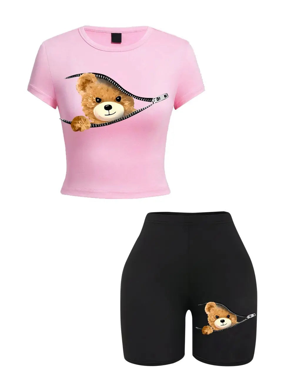 Women’s 2-Piece Slim Crop T-Shirt & Shorts Set – Teddy Bear Zipper Print Sporty Summer Outfit 🧸✨
