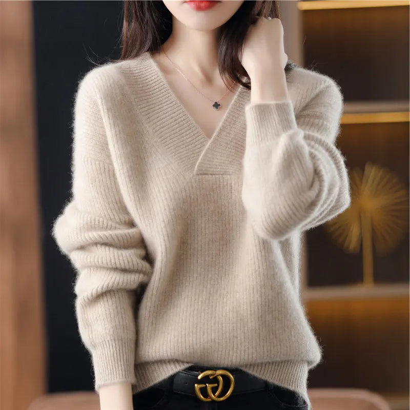 Autumn Winter Women’s V-Neck Knit Sweater – Solid Loose Pullover Soft Warm Casual Top