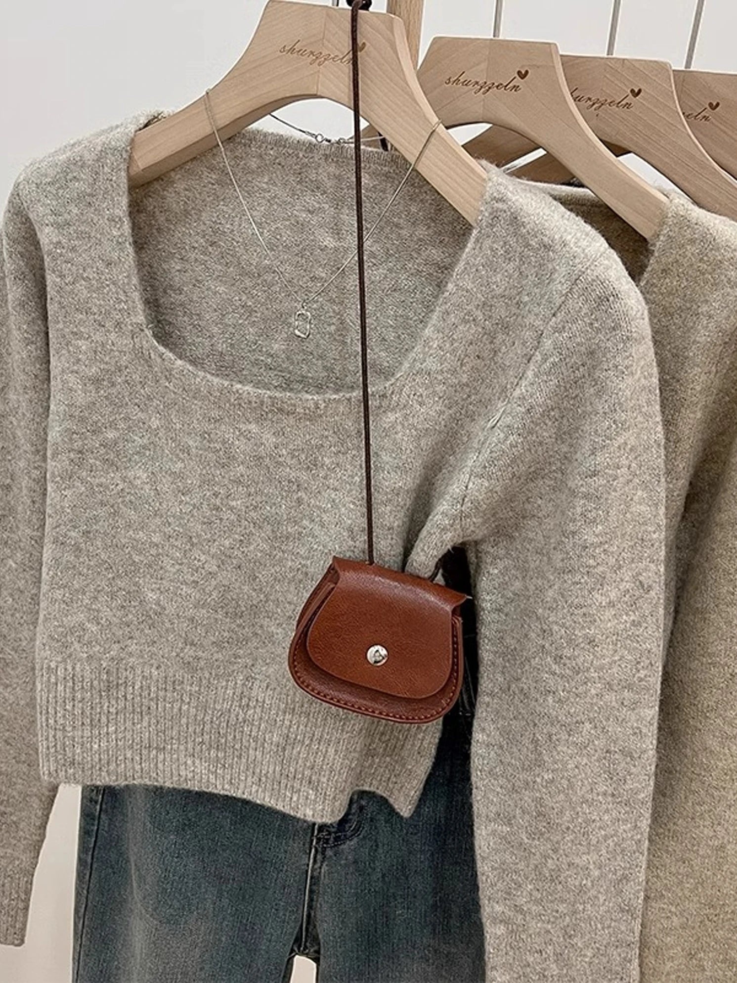 ✨ Soft Short Knitted Sweater Top for Women 🍁 Square Collar Slim Fit | Autumn Winter Inner Base Shirt 👚