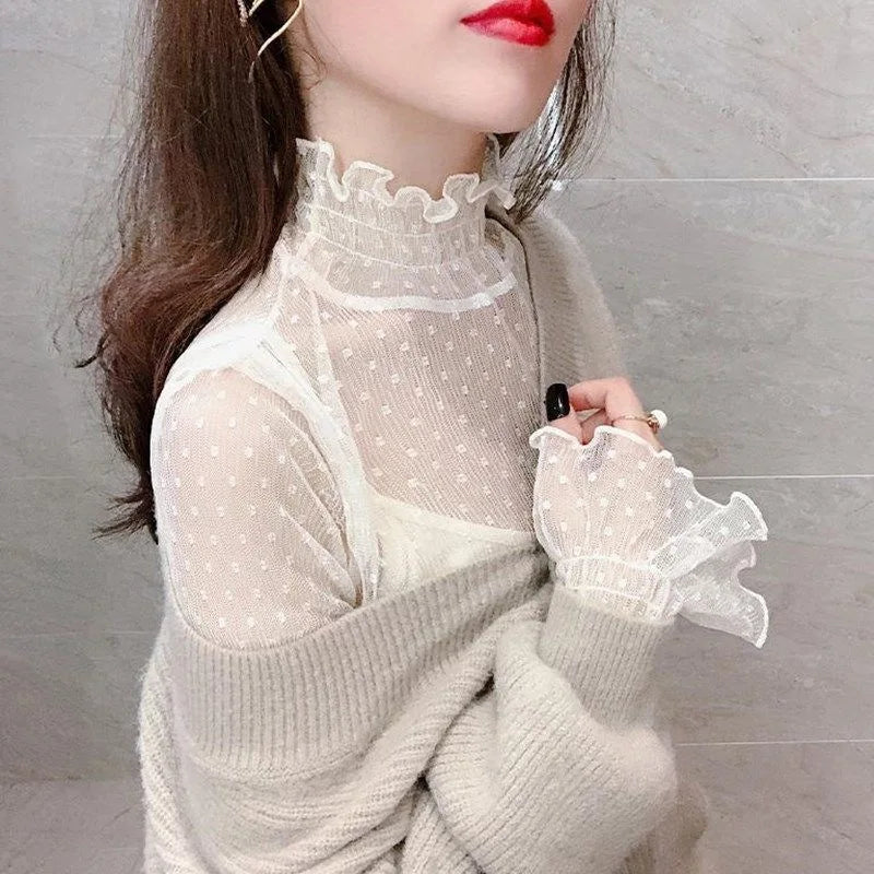 Women’s Lace Base Mesh Top – Autumn Winter Fairy Bell Sleeve Polka Dot Inner Shirt ✨❄️