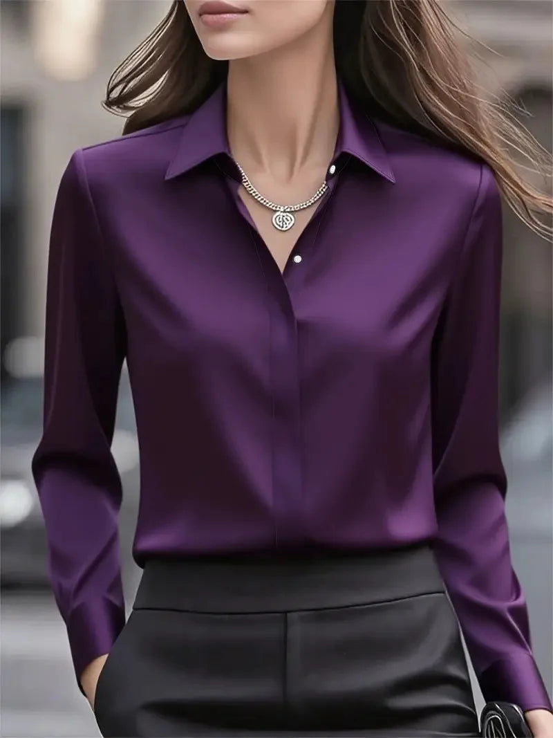 Autumn Women’s Professional Solid Color Shirt – Elegant Lapel Long Sleeve High-Class Office Top 🍁✨
