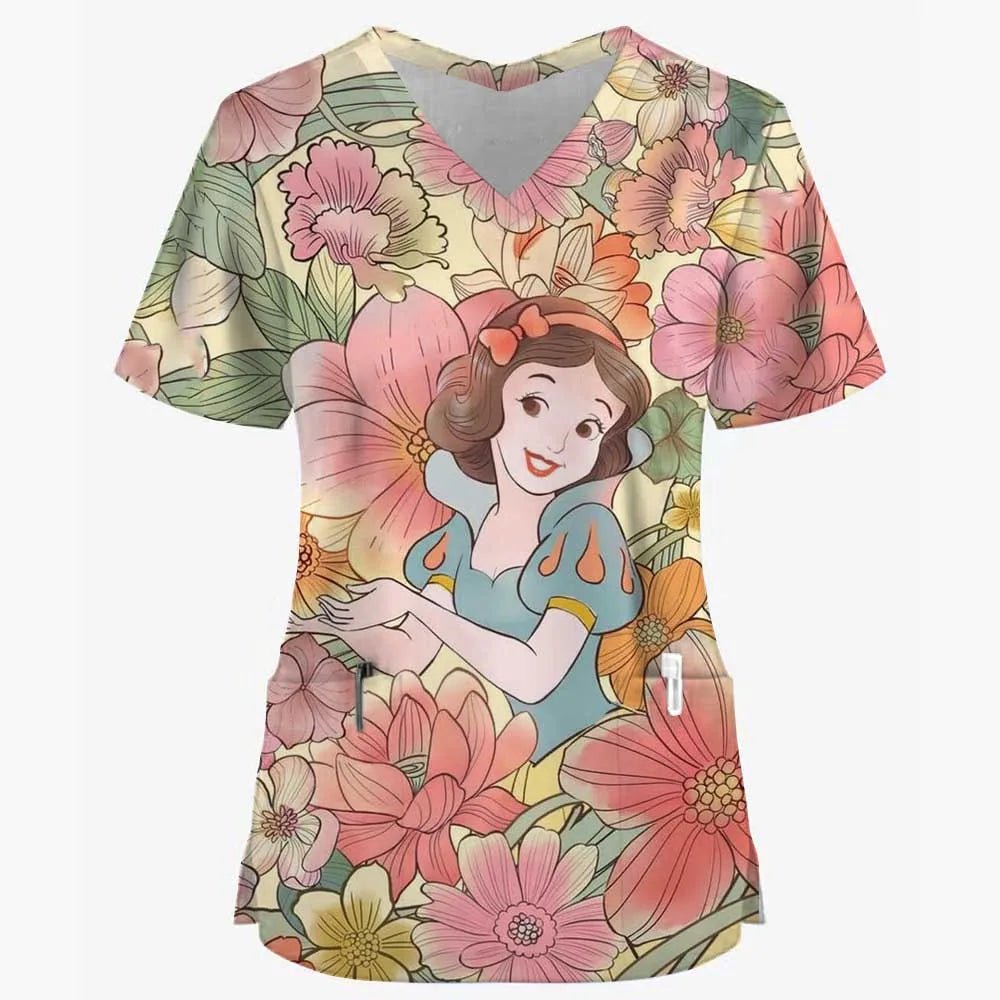 Disney Princess Ariel & Elsa Print Scrub Tops – Women’s Nurse & Dentist Work Uniform 👩‍⚕️✨