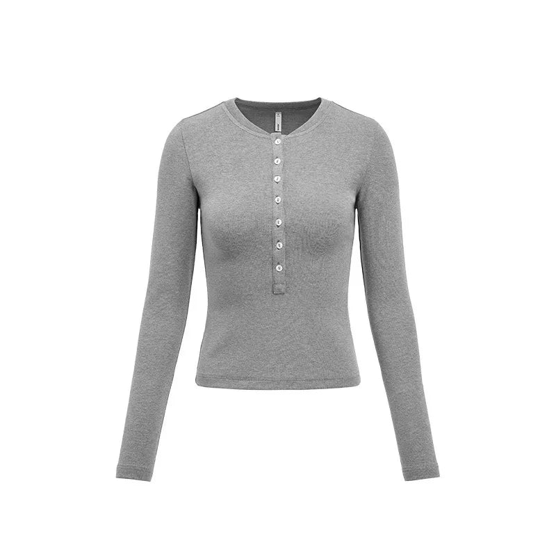Women’s Casual Henley Neck Long Sleeve T-Shirt – Minimalist Solid Skinny Lenzing Lyocell Top