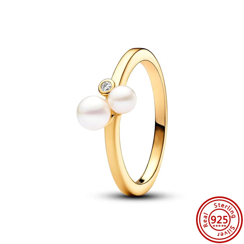 925 Sterling Silver Women's Golden Charm Pearl Ring | Retro Party & Anniversary Jewelry