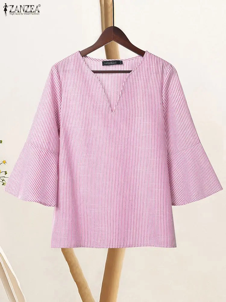 2025 ZANZEA Women’s Office Striped Blouse – Autumn V-Neck 3/4 Sleeve Casual Work Shirt 👚🍂