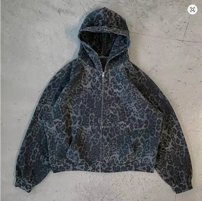 2025 Leopard Print Zipper Hoodie | Harajuku Streetwear Sweatshirt | Warm Autumn Winter Fashion for Women