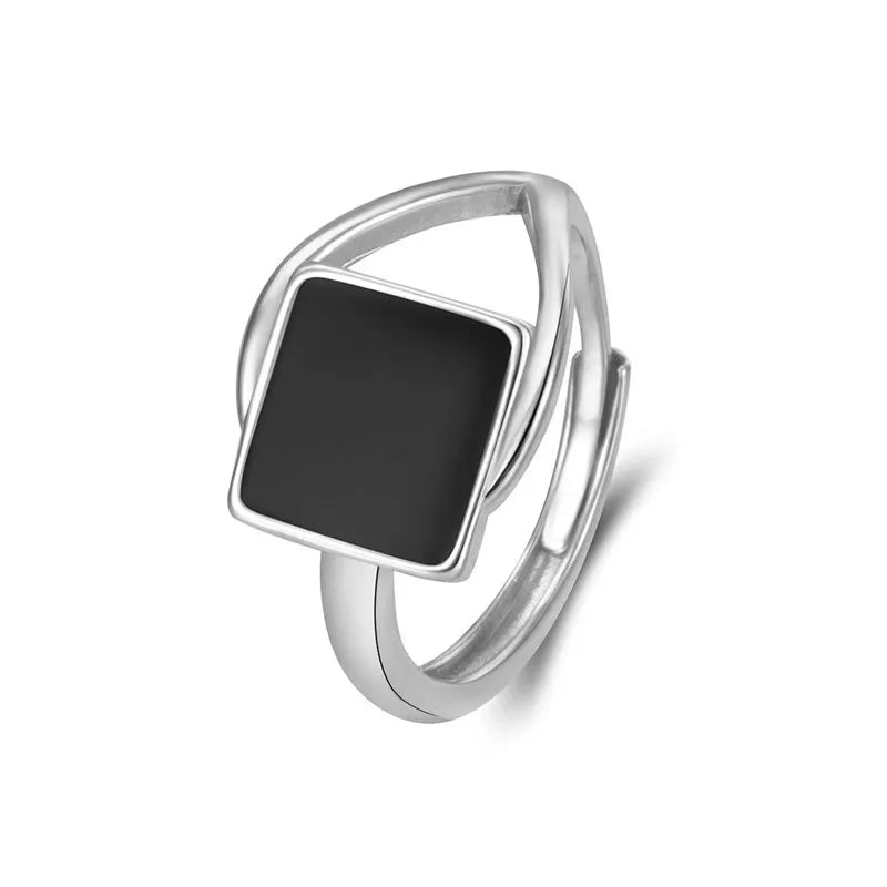 Adjustable Black Onyx Square Opening Ring – Geometric Skeleton Design Fashion Jewelry for Women & Men