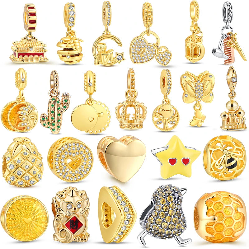 New Plated Gold Sparkling Charm Palace Museum Chicken Cactus Bee Bead | Fit Original 925 Silver Bracelet DIY Jewelry Gift