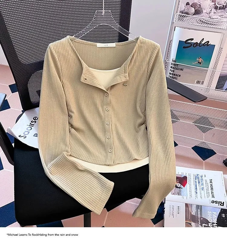 Korean Style Slim Fit Long Sleeve V-Neck Top 👚 Spicy Girl Fake Two-Piece Design ✨ Commute Fashion Women's T-Shirt 🌟