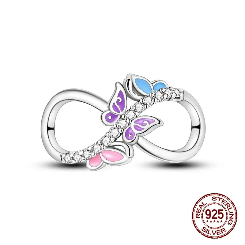 925 Sterling Silver Purple Flower & Butterfly Dangle Charm | Bead for 4MM Bracelet or Necklace DIY Jewelry Gift