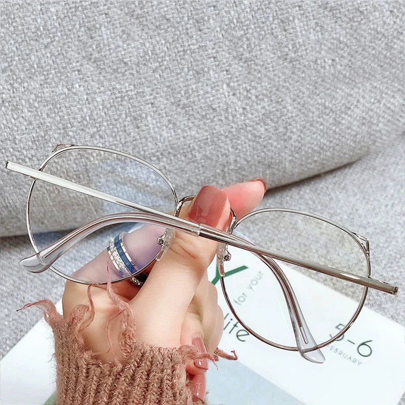 Fashion Anti Blue Light Glasses for Women – Thin Alloy Metal Cat Ear Round Frame | Computer Eye Protection Spectacles